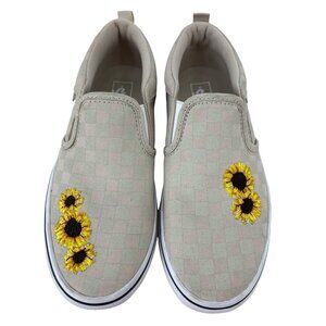 Vans Girls Beige Checkerboard Slip-On Sneakers Sunflower Embroidery Junior Sz 4